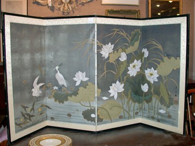 Lot 346 - Oriental Painted Silk Four-Panel Screen