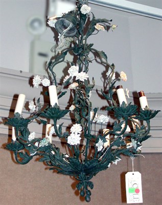 Lot 546 - Painted Tole and Porcelain Eight-Light Chandelier