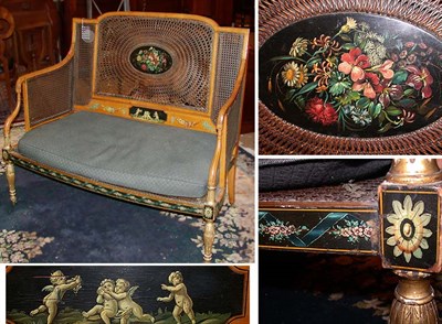 Lot 409 - George III Style Painted Satinwood and Caned...