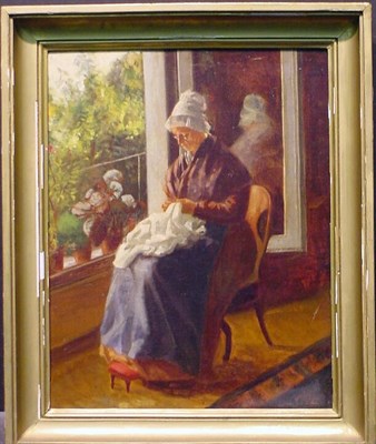 Lot 59 - Continental School 19th Century WOMAN SEWING...