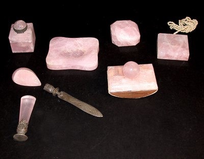 Lot 490 - Rose Quartz Eight-Piece Desk Set
