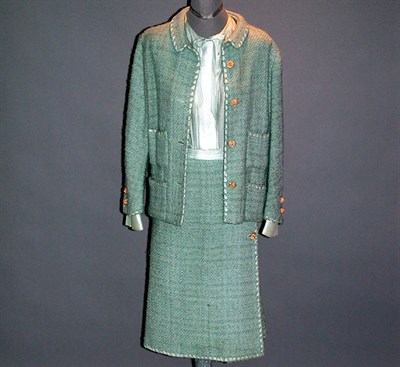 Lot 597 - Chanel Robin's-Egg Blue Wool Boucle Suit...