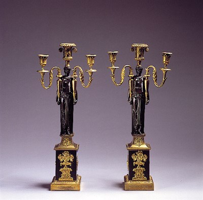 Lot 384 - Pair of Empire Gilt and Patinated-Bronze Three-...