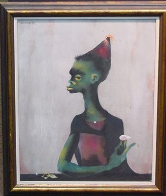 Lot 155 - Karl Priebe 1914-1976 FIGURE HOLDING BIRD'S...
