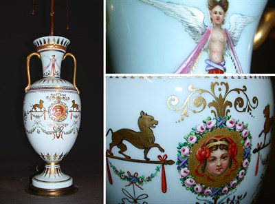 Lot 94 - Enamel Decorated Blue Glass Urn-Form Lamp...