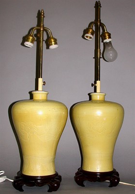 Lot 546 - Pair of Yellow Glazed Pottery Lamps