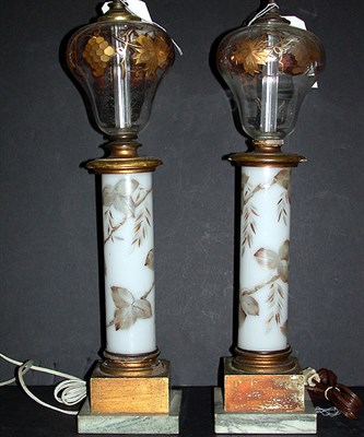 Lot 94 - Pair of Gilt Decorated Milk Glass Fluid Lamps...