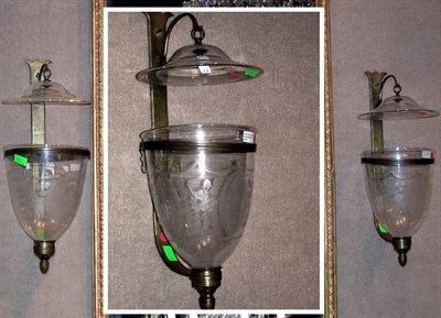 Lot 483 - Pair of Victorian Brass and Etched Glass Sconces
