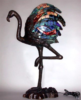 Lot 174 - Patinated Metal and Leaded Glass Flamingo Lamp