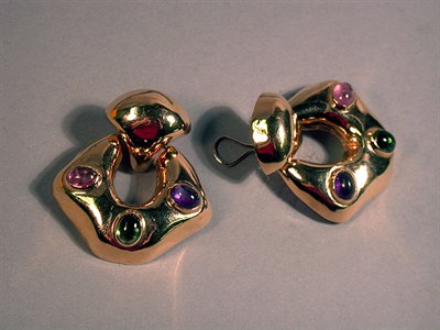 Lot 129 - Pair of Gold and Multicolored Stone Earclips...