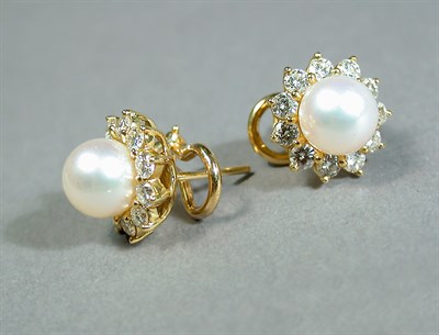 Lot 99 - Pair of Cultured Pearl and Diamond Earclips...