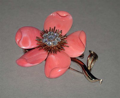 Lot 215 - Coral and Diamond Flower Brooch