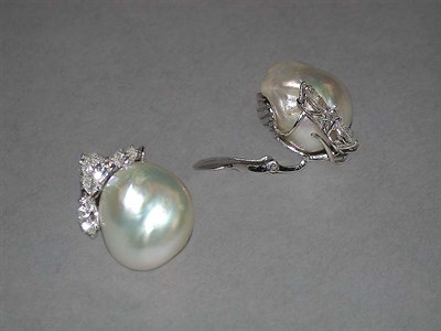 Lot 299 - Pair of Baroque Cultured Pearl and Diamond Earclips