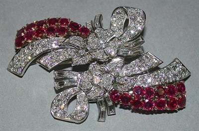 Lot 440 - Diamond and Ruby Double Clip Brooch Platinum,...