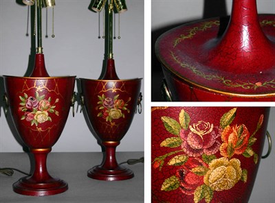 Lot 518 - Pair of Regency Style Tole Painted Urn-Form Lamps