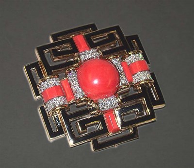 Lot 217 - Coral, Diamond and Enamel Brooch