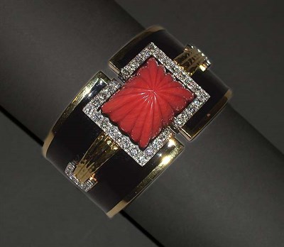 Lot 216 - Coral, Enamel and Diamond Cuff Bracelet