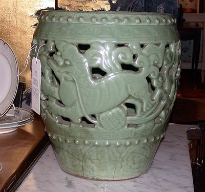 Lot 313 - Chinese Carved and Pierced Celadon Garden Seat...