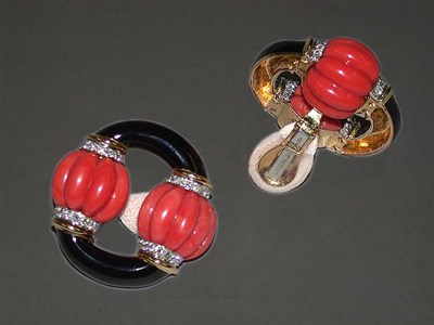 Lot 222 - Pair of Coral, Enamel and Diamond Earclips