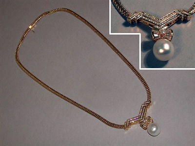 Lot 283 - Cultured Pearl and Diamond Pendant and Chain