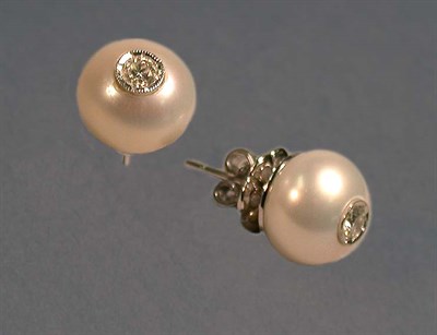 Lot 267 - Pair of Cultured Pearl and Diamond Earrings