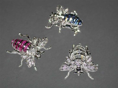 Lot 254 - Three Assorted Diamond and Multicolored Stone Bee Pins