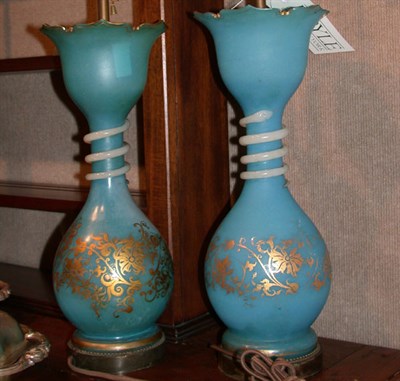 Lot 290 - Pair of Gilt Decorated Blue Opaline Glass Lamps