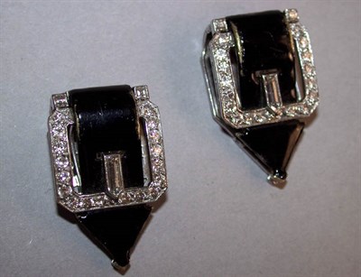 Lot 243 - Pair of Black Enamel and Diamond Buckle Dress Clips