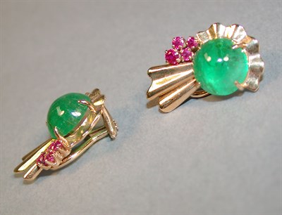 Lot 108 - Pair of Retro Ruby and Emerald Earclips