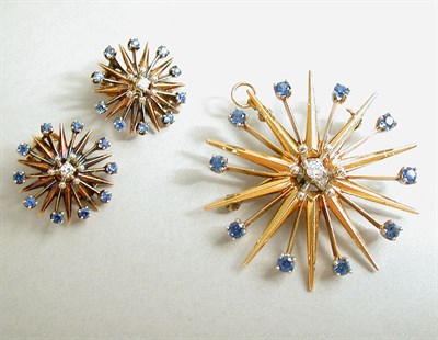 Lot 115 - Sapphire and Diamond Pin and Earclips Set