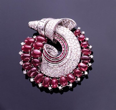 Lot 424 - Diamond and Ruby Brooch Platinum, of stylized...