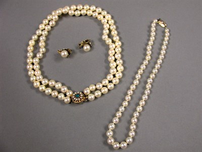 Lot 89 - Two Cultured Pearl Necklaces and a Pair of Earclips