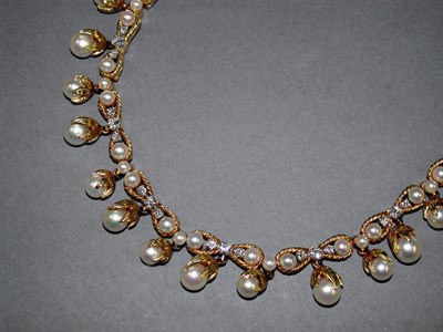 Lot 355 - Cultured Pearl and Diamond Fringe Necklace 18...