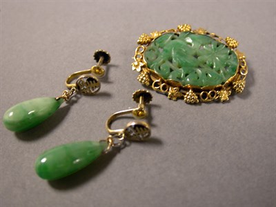 Lot 336 - Jade Pin and Pair of  Pendant Earrings