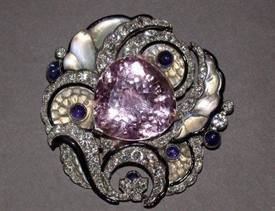 Lot 268 - Moonstone, Kunzite, Sapphire and Diamond Brooch