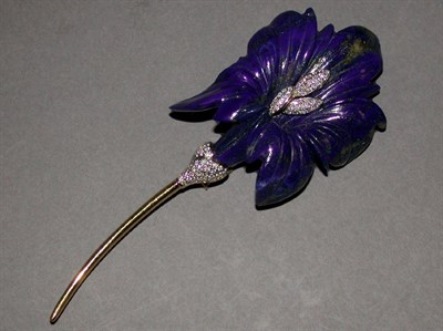 Lot 250 - Carved Lapis Lazuli and Diamond Flower Pin