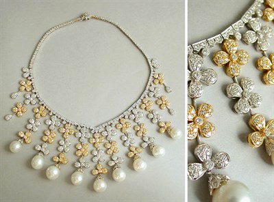 Lot 238 - Diamond and South Sea Cultured Pearl Fringe Necklace