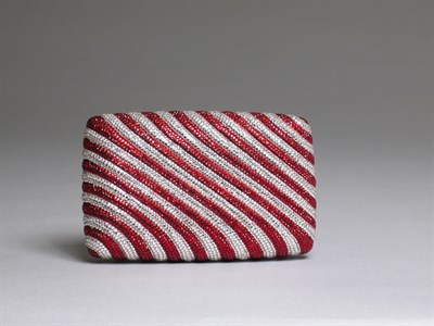 Lot 819 - Judith Leiber Ruby Red and White Crystal Striped Minaudiere