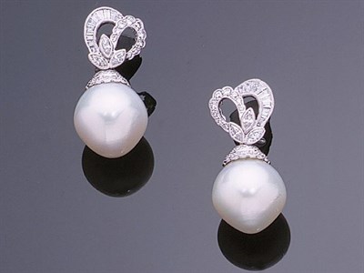 Lot 233 - Pair of Cultured Pearl and Diamond Earrings