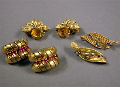 Lot 160 - Three Pairs of Gold and Stone Earclips
