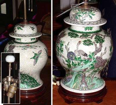 Lot 522 - Pair of Chinese Crackle Glass Pottery Lamps