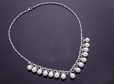 Lot 262 - Diamond and Cultured Pearl Necklace