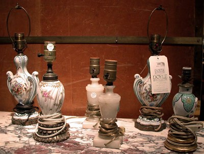 Lot 255 - Group of Six Alabaster and Porcelain Lamps