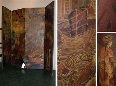Lot 374 - Art Deco Painted Leather Four-Panel Folding...