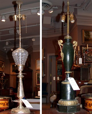 Lot 359 - Two Patinated-Metal and Glass Lamps