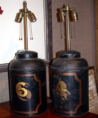 Lot 197 - Pair of Regency Style Tole Painted Canister Lamps