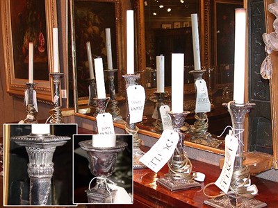 Lot 261 - Three Pairs of Silver Plated Candlestick Lamps