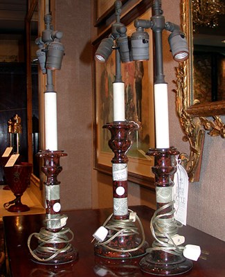 Lot 455 - Set of Three Faux Marble Candlestick Lamps