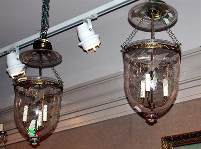 Lot 387 - Pair of Georgian Style Etched Glass Bell Lanterns