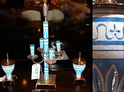 Lot 154 - Silver Plated and Enamel Three-Piece Garniture...